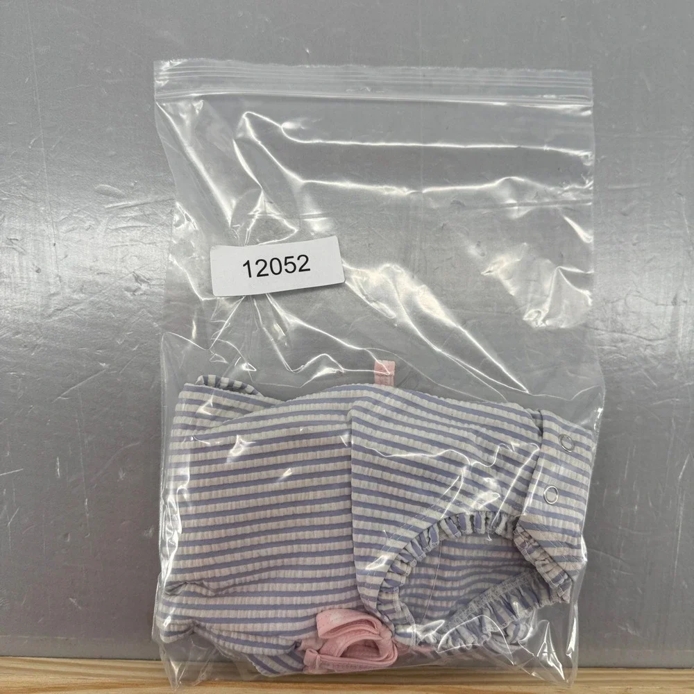 RuffleButts Baby Girl‎ Blue Seersucker Striped LS One Piece Swimsuit 12-18M